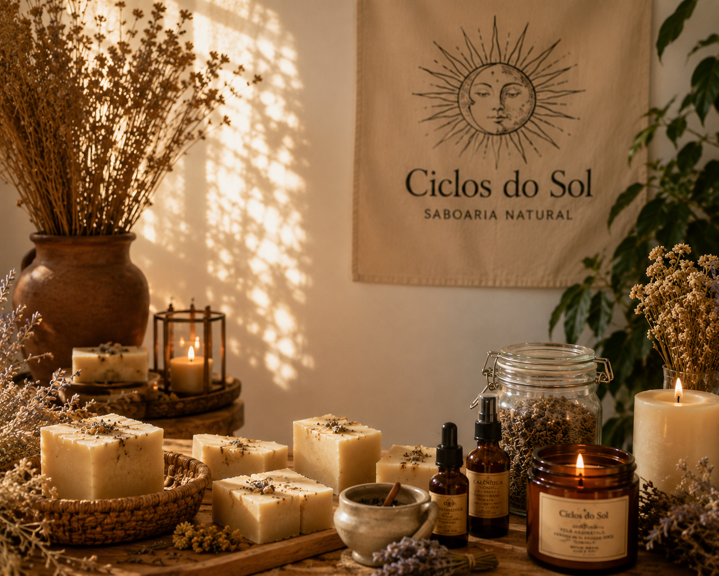 Altar com sabonetes artesanais, velas e ervas secas da Ciclos do Sol