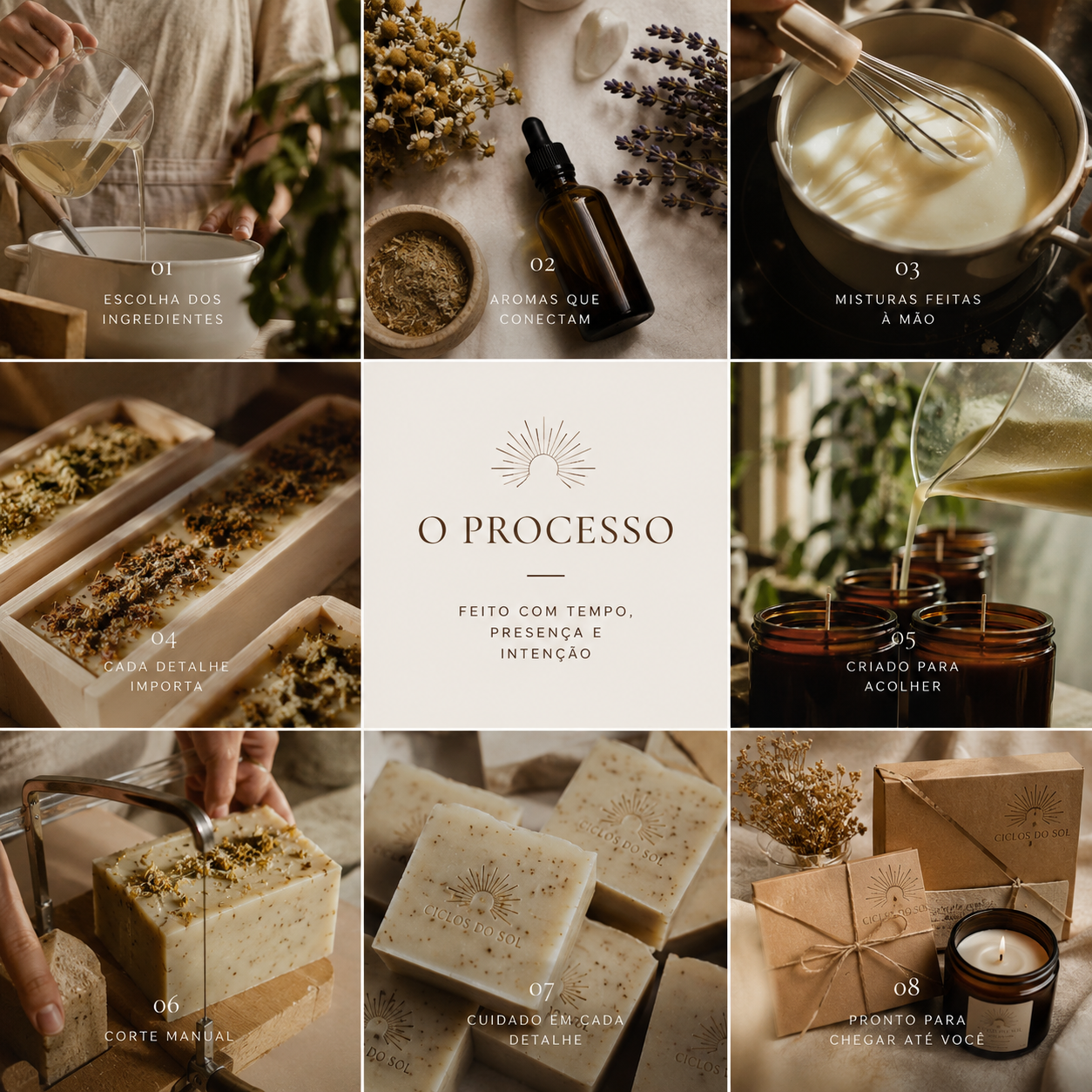 O processo Ciclos do Sol: escolha dos ingredientes, aromas, misturas, corte manual e embalagem